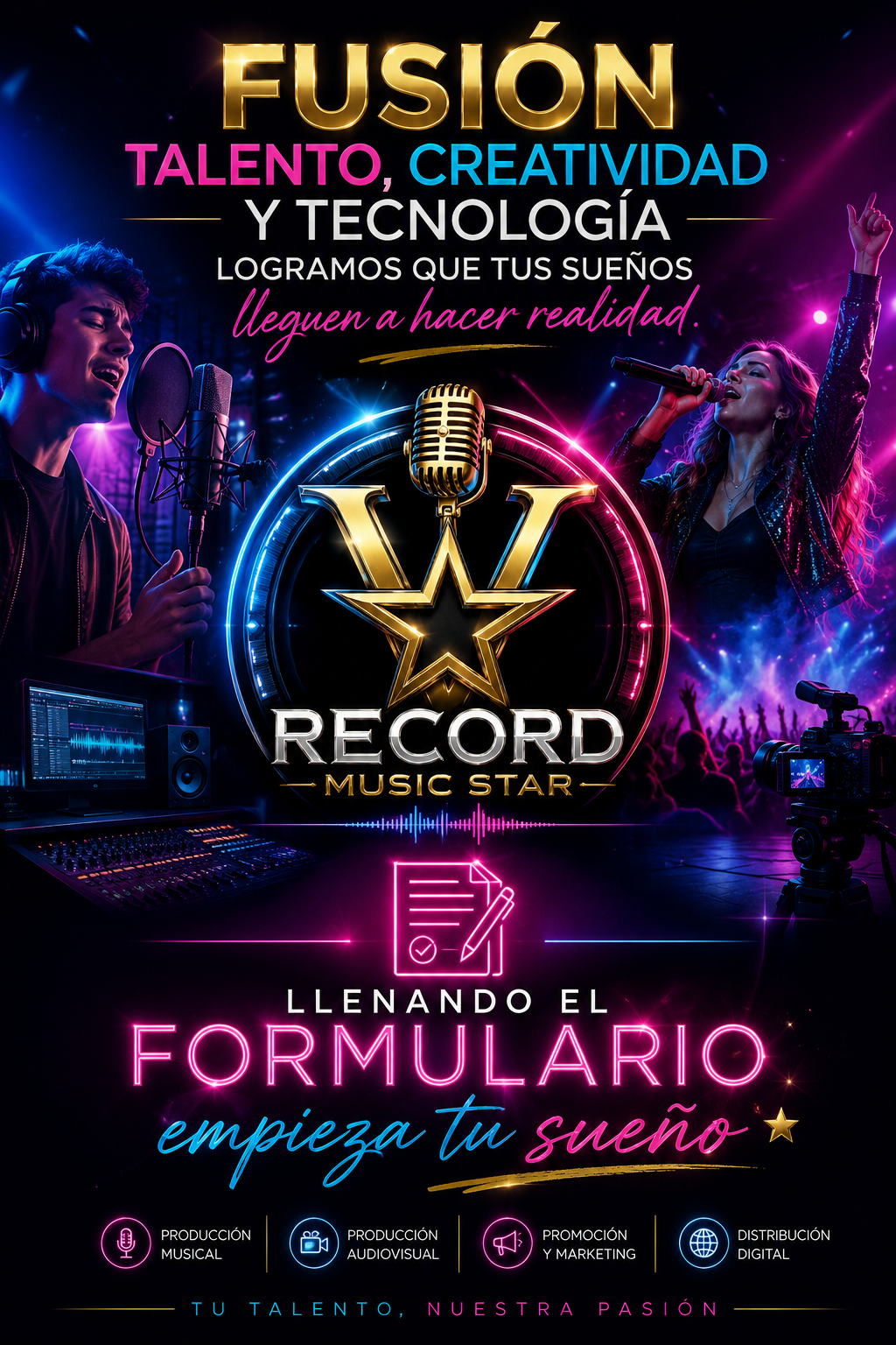 Record Music Star — llenando el formulario empieza tu sueño: producción musical, producción audiovisual, promoción y marketing, distribución digital